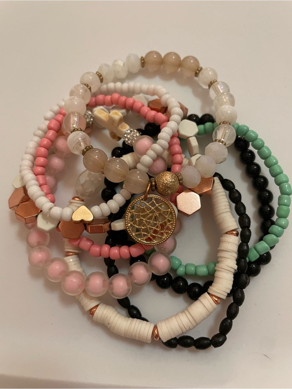 Boho Pink, Mint & Black Beaded Bracelet Stack with Gold Charm